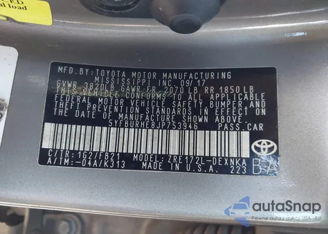 2018 Toyota Corolla Le from USA, damaged, VIN 5YFBURHE8JP753946